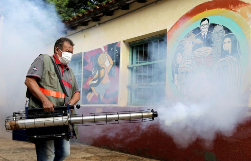 Una persona fumigando una escuela para prevenir la expansión del dengue y el chikunguña (REUTERS/Jorge Adorno/Archivo)