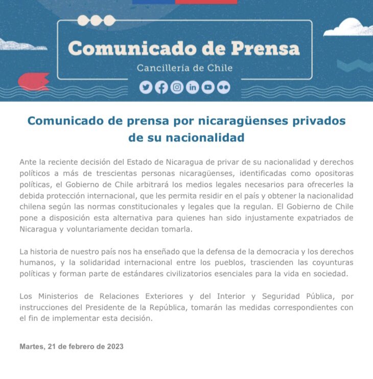 Comunicado difundido por la Cancillería en el que se ofrece residencia y nacionalidad a los opositores nicaragüenses 
