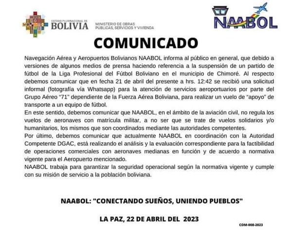 NAABOL se pronuncia sobre el vuelo del Club Always Ready que no tendría  permiso para aterrizar este sábado en el aeropuerto de Chimoré. En el  comunicado señalan que no regulan vuel –