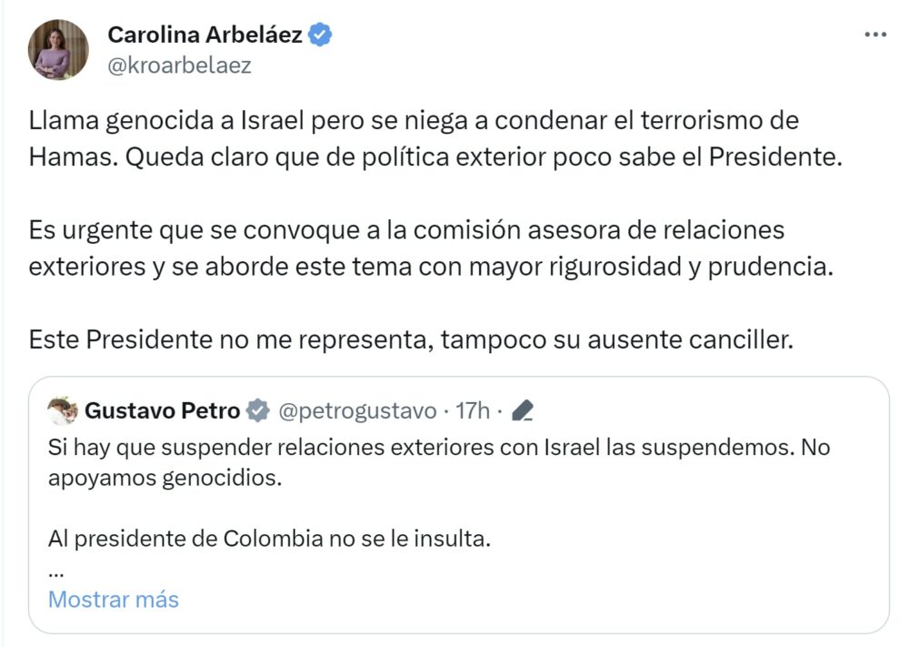 Representante Carolina Arbeláez propone convocar la Comisión Asesora de Relaciones Exteriores ante situación de Israel y Colombia - crédito X