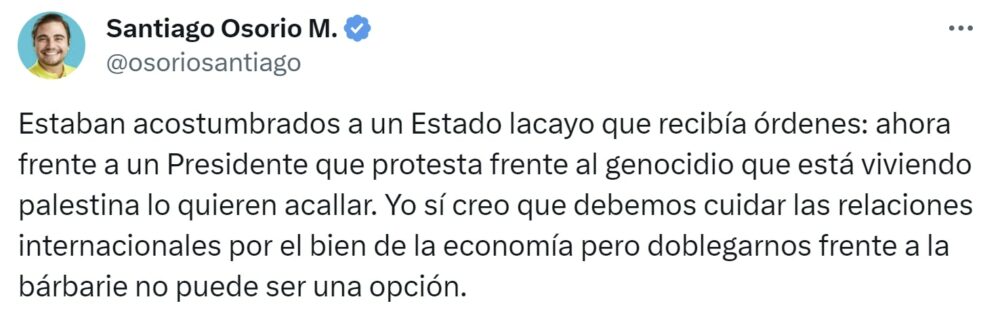 El representante Santiago Osorio defendió la posición de Gustavo Petro frente a Israel y Palestina - crédito X