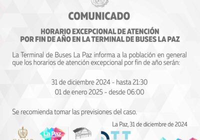 La Alcaldía de La Paz informa que la Terminal de Buses atenderá este 31…