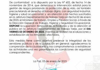 | El Ministerio de Trabajo determinó la suspensión temporal de actividades y de…