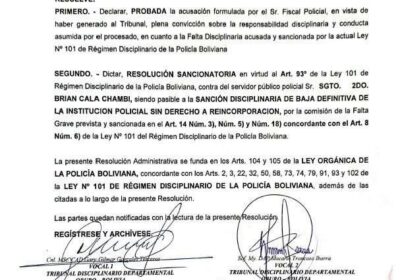 Baja definitiva de las filas policiales del sargento Brian Cala Chambi, quien atacó a…