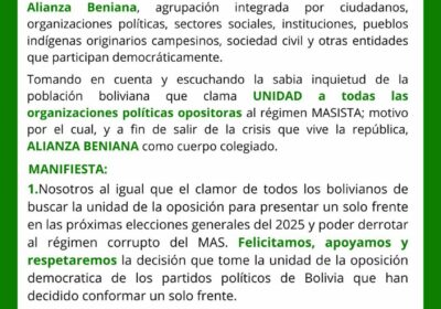 Alianza Beniana ha decidido sumarse a la Unidad de la Oposición Democrática. Dice que…