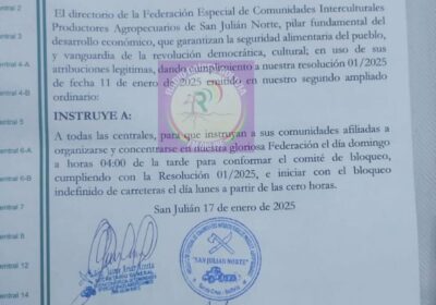 #Bloqueo en San Julián, Santa Cruz. La Federación Especial de Comunidades Interculturales resolvió…