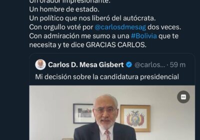 “Gracias Carlos” en mensaje de Tuto Quiroga a Carlos Mesa