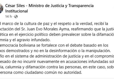 | #Política El ministro de Justicia, César Siles, informó que el expresidente Evo…