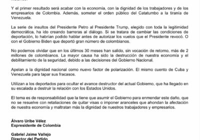 🇨🇴🇺🇸 | ÚLTIMA HORA En un comunicado firmado por Álvaro Uribe Vélez, el Centro…