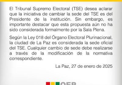 El Tribunal Supremo Electoral aclara que la iniciativa de cambiar su sede de La…