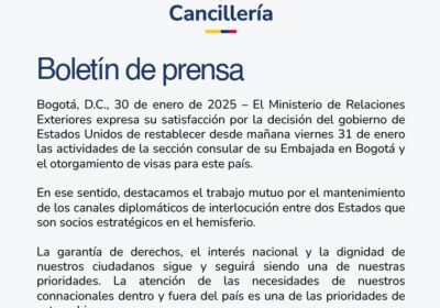 🇨🇴🇺🇸 | La Cancillería colombiana celebró la decisión de de reabrir la sección consular…