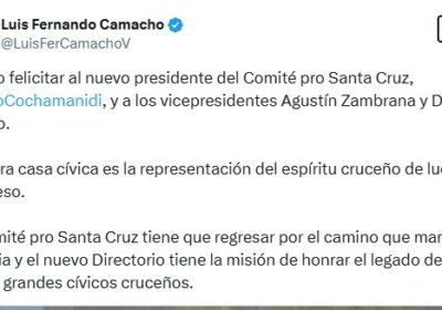 | #Política El gobernador de #SantaCruz, Luis Fernando Camacho, felicitó a Stello Cochamanidis…