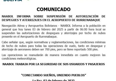 | Navegación Aérea y Aeropuertos Bolivianos (NAABOL) informa la suspensión de autorización de…