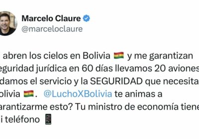 Empresario @marceloclaure dice estar dispuesto a trasladar 20 aviones a Bolivia 🇧🇴 para brindar…