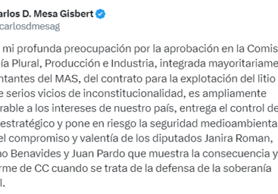 El expresidente Carlos Mesa expresó su preocupación por la aprobación de un contrato…