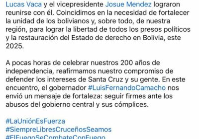 Hoy recibí la visita del presidente de la Unión Juvenil Cruceñista, Lucas Vaca, y…