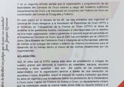 El Sindicato de Trabajadores de la Prensa de Oruro declaran «persona no grata»…