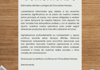 | 𝐂𝐇𝐎𝐂𝐎𝐋𝐀𝐓𝐄𝐒 𝐇𝐀𝐑𝐀𝐒𝐈𝐂 𝐀𝐍𝐔𝐍𝐂𝐈𝐀 𝐂𝐈𝐄𝐑𝐑𝐄 𝐓𝐄𝐌𝐏𝐎𝐑𝐀𝐋 La empresa orureña Chocolates Harasic informó sobre…