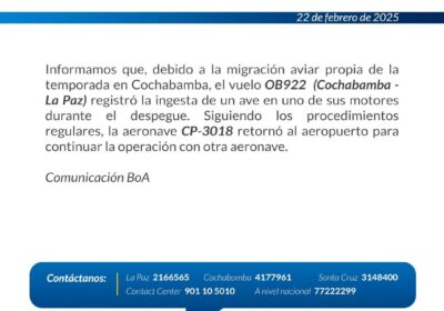 | #Seguridad A través de un comunicado, la empresa estatal Boliviana de Aviación…