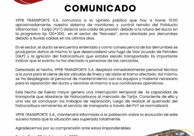 | #Economía YPFB Transporte informó que se produjo una fuga en el ducto…