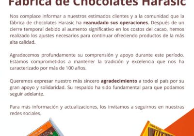 | Tras su cierre temporal, la empresa orureña Chocolates Harasic anunció la reanudación…