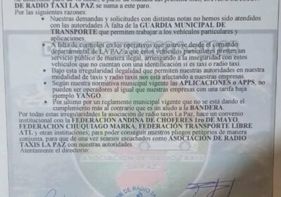 La Asociación de Radio Taxis de La Paz pide que ya no haya el…