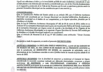 | #Seguridad La Alcaldía de #Uyuni declaró tres días de duelo por el…