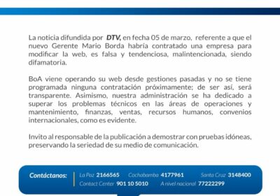 | Boliviana de Aviación (BoA) niega que su gerente, Mario Borda, haya contratado…