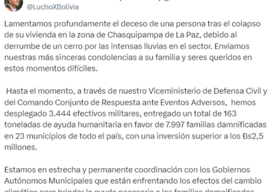 | El presidente del Estado, Luis Arce, lamenta el deceso de una persona…