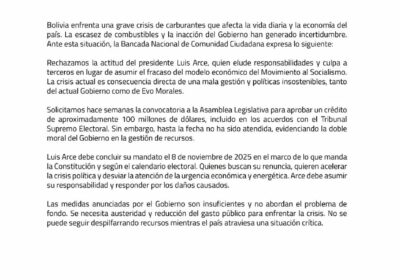 | La bancada nacional de Comunidad Ciudadana critica al presidente Luis Arce por…