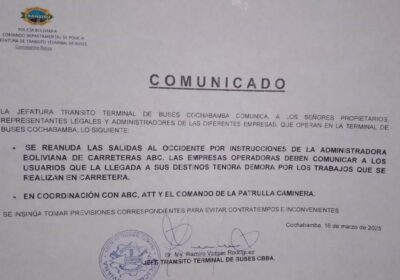 | Desde la Terminal de Buses de #Cochabamba se informa que se reanudó…