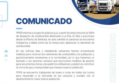 | YPFB informa que “a partir de ahora” iniciará el 100% de despacho…