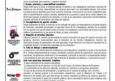 El Sindicato de Trabajadores del periódico Los Tiempos denuncia que el empresario Eduardo Valdivia…