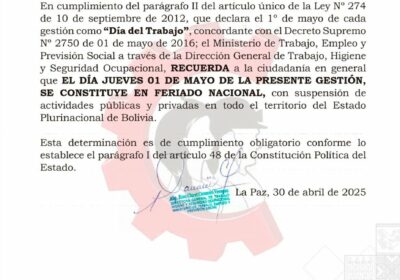 El Ministerio de Trabajo, Empleo y Previsión Social recuerda que este jueves 1 de…