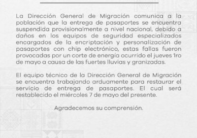 La Dirección de Migración informa que se suspendió provisionalmente la emisión de pasaportes. La…