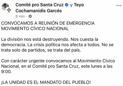 Comité Cívico Pro Santa Cruz convoca a una reunión de emergencia del movimiento nacional…