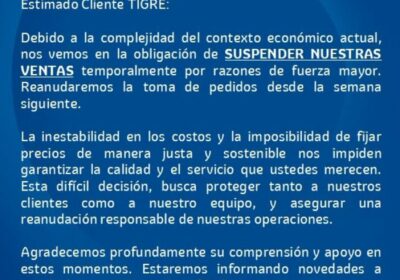 Empresa Tigre suspende labores de manera temporal en Bolivia por el contexto actual :…