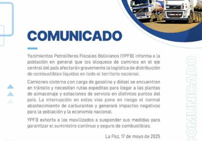YPFB advierte que los bloqueos de caminos “afectarán gravemente la logística de logística” de…