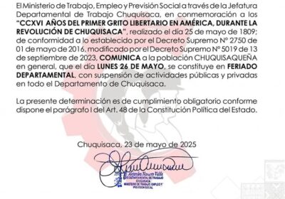 #Último | El Ministerio de Trabajo confirma que el feriado departamental del 25 de…