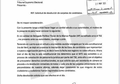 Alianza Popular (Andrónico Rodríguez) pide al TSE la devolución de sus carpetas de candidatos…