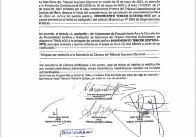 Se inicia el procedimiento de cancelación de personalidad jurídica del MTS. El plazo 5…