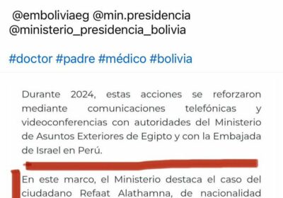 El compatriota boliviano-palestino Dr. Refaat T. A. Alathamna desmiente la versión del Ministerio de…