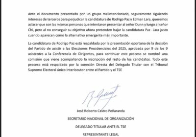 La candidatura de Rodrigo Paz está “respalda” afirma un comunicado del PDC firmado por…