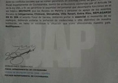 Es oficial la orden de repliegue de fiscales en el Chapare. El fiscal departamental…