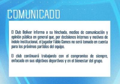 Fabio Gomes no será tomado en cuenta en los siguientes partidos del Club Bolívar…