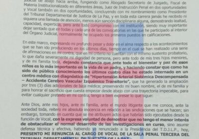 Mediante una carta, Yván Córdova presentó su renuncia al cargo de vocal de la…