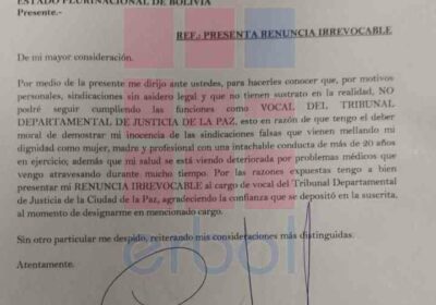Claudia Castro renunció al cargo de vocal del Tribunal Departamental de Justicia, tras ser…