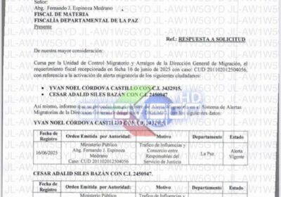 Migración da curso a solicitud de Alerta Migratoria contra el ex ministro César Siles…