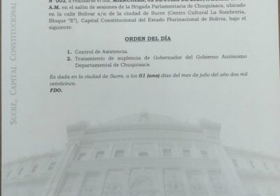 #Último | La directiva de la Asamblea Legislativa Departamental de Chuquisaca convoca a una…