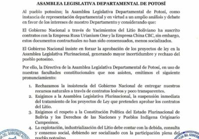 La Asamblea Legislativa de Potosí y su pronunciamiento sobre la explotación del Litio